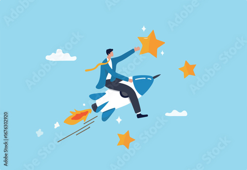 Success achievement, boost growth development to reach target, leadership to win business challenge, startup, entrepreneur or ambition to win, businessman riding fast rocket to reach success star.