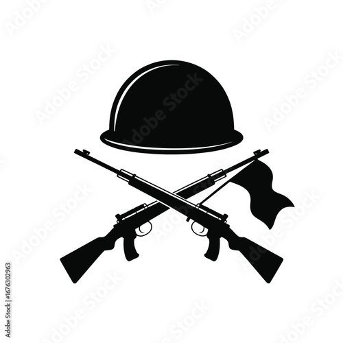 Crossed rifles and helmet emblem symbolizing military service and strength