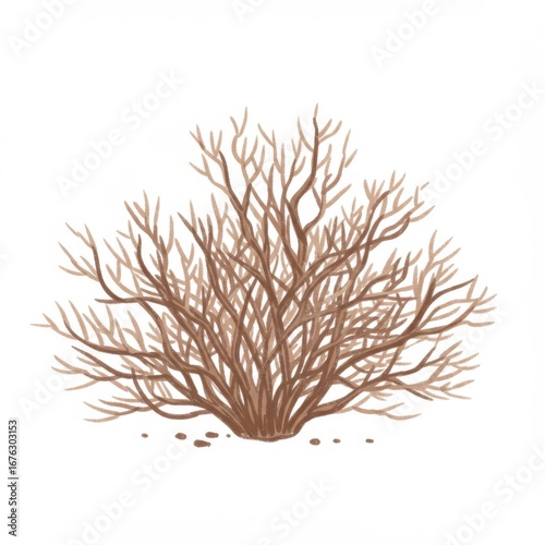 Detailed Brown Bush Illustration Without Leaves on a White Background