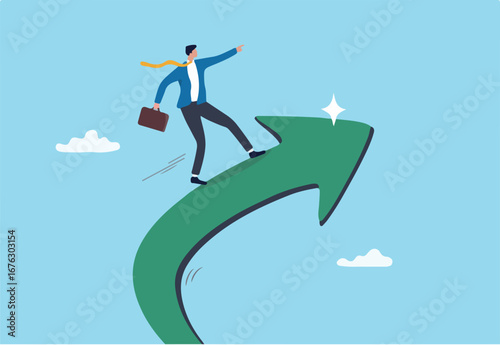 Increase business success, financial achievement, challenge or work performance, upward or rising expertise employee concept, confidence businessman ride upward rising success arrow upward direction.