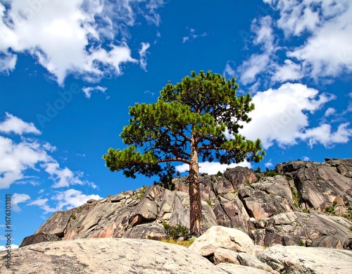 Lone pine on rocky mountainside under a blue sky