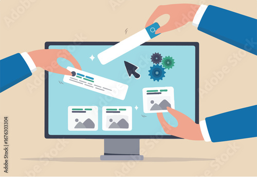 Build website with template customization, SEO optimization for search result, develop app or wireframe, customizable software development concept, hands help building website on computer screen.