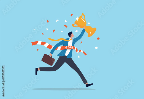 Success winning businessman, achievement, succeed performance or business victory, career success, goal or target accomplishment concept, success businessman running reach finish line with trophy.
