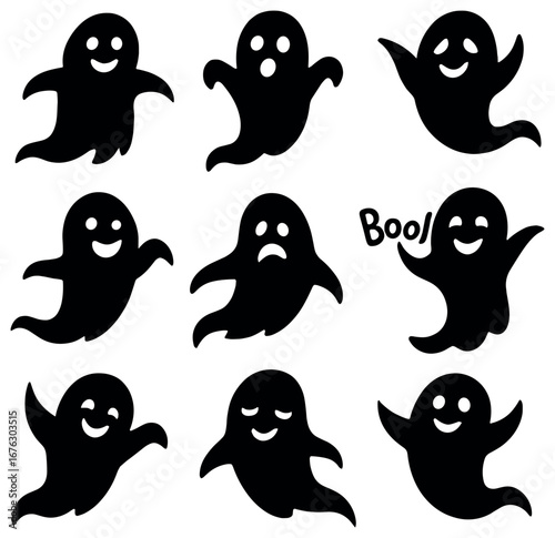 Halloween ghost flat icon set. featuring happy, sad, and spooky ghost symbols