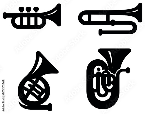 Brass instruments flat icon set. featuring trumpet, trombone, french horn, tuba symbols