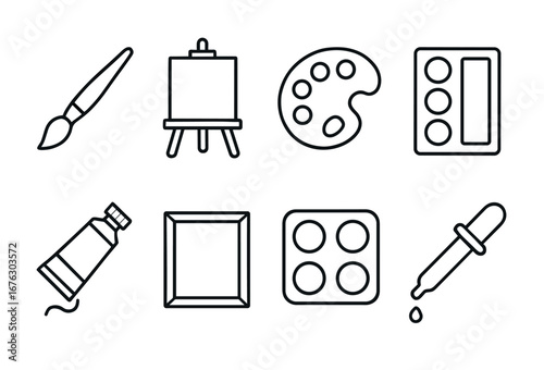 Art tools linear icon set. featuring paintbrush, easel, palette, paint set, tube, frame, colors, dropper