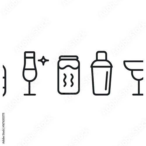 Cocktail bar linear icon set. featuring shaker, wine glass, jar, cocktail, and drink symbols