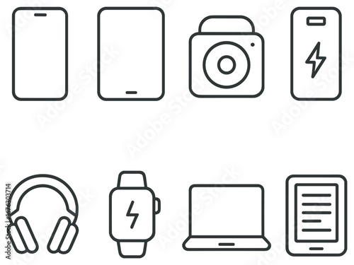 Tech gadgets linear icon set. featuring smartphone, tablet, camera, power bank, headphones, smartwatch, laptop, and e-reader