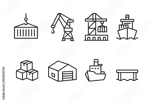 Shipping and logistics linear icon set. featuring container, crane, cargo, ship, warehouse, and dock symbols