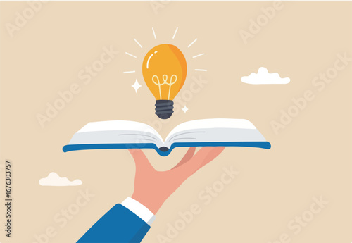 Knowledge or education, study or learning new skill, creativity or idea, reading book for inspiration, discover solution or literature, wisdom concept, hand hold open book to discover lightbulb idea.