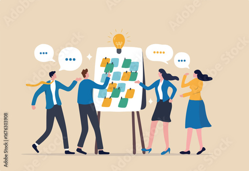 Workshop or business discussion, meeting or brainstorm new idea, training course class, Q and A, question and answer chat, business people in workshop meeting room with whiteboard and sticky notes.