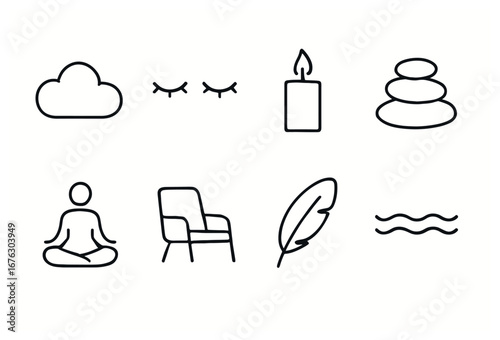Relaxation flat icon set. featuring cloud, eyes, candle, stones, meditation, chair, feather, and waves symbols