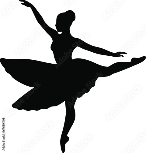 Graceful black silhouette of a ballet dancer in tutu performing an elegant pose silhouette