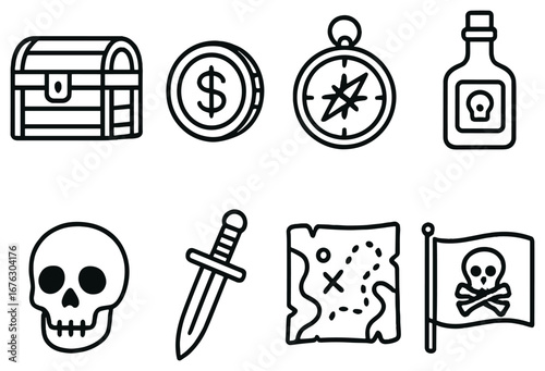 Pirate adventure linear icons set. featuring chest, coin, compass, bottle, skull, sword, map, and flag symbols