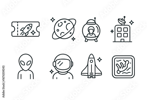 Space exploration linear icon set. featuring ticket, planet, astronaut, station, alien, helmet, rocket, map symbols