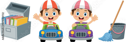 Cartoon boys driving cars, colorful file box, mop and bucket, children illustration, fun learning, playful design