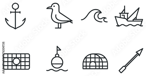 Nautical linear icon set. featuring anchor, seagull, wave, boat, grid, buoy, igloo, and harpoon symbols