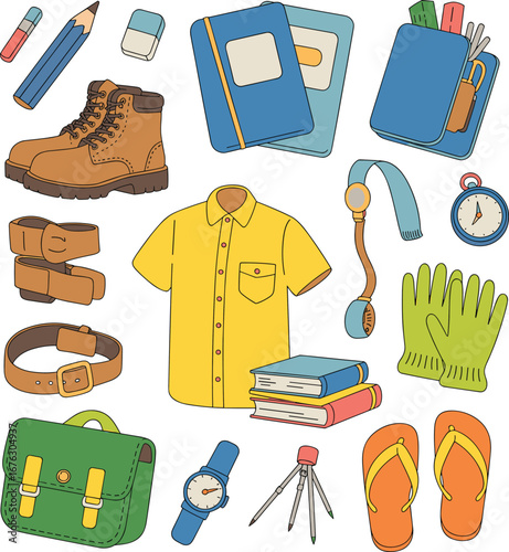 Collection of school and casual items, boots, yellow shirt, gloves, books, stationery, backpacks, watches, compass, pencil, and belts