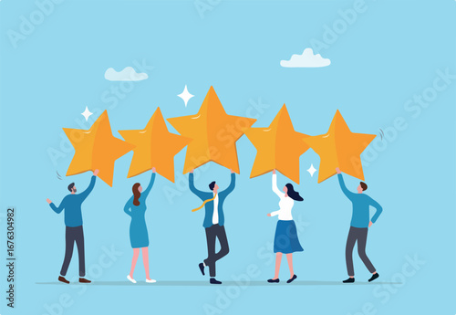 Employee survey, customer feedback rating or performance review, five stars service, best experience or feedback and engagement concept, business people employees holding 5 stars rating feedback.