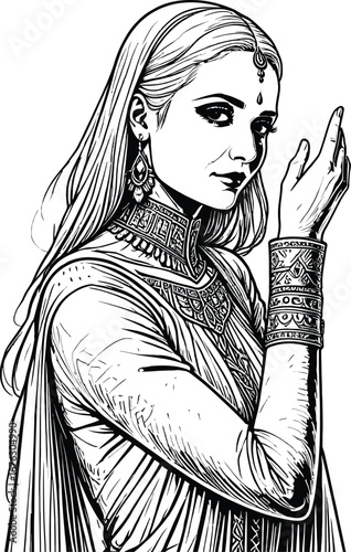 Elegant Indian Woman in Traditional Saree Line Art