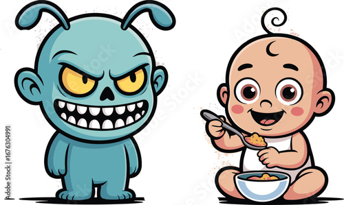 Cute baby eating with bowl, funny blue monster character, cartoon vector illustration, adorable and creepy duo