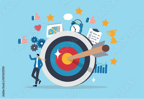 Goals setting, target achievement, focus on success outcome, planning to reach target bullseye, measurable result or clarity motivation concept, businessman with target bullseye and goal elements.