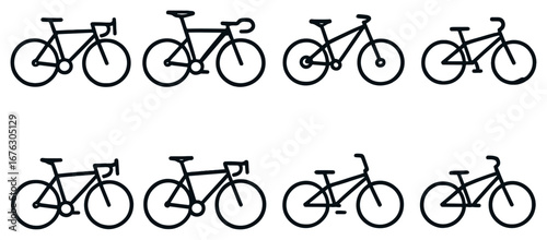 Bicycle flat icon set. featuring road bike, mountain bike, cruiser, and bmx symbols