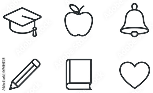 Education linear icon set. featuring graduation cap, apple, bell, pencil, book, and heart symbols