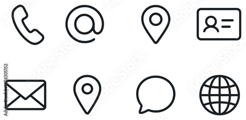 Communication flat icon set. featuring phone, email, location, contact card, map pin, message, and globe