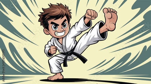 Energetic boy performing high karate kick, black belt martial arts pose, dynamic action, powerful kid cartoon, martial arts illustration