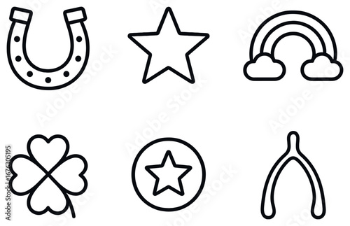 Good luck symbols linear icon set. featuring horseshoe, star, rainbow, clover, star circle, wishbone