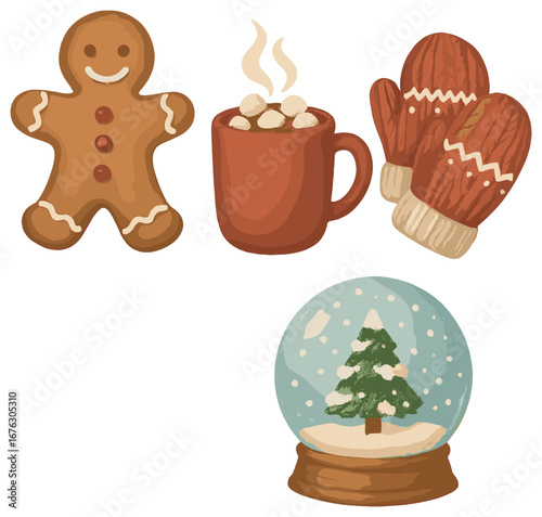 Christmas 3d icons set. featuring gingerbread, hot cocoa, mittens, and snow globe