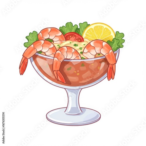Glass Shrimp Cocktail Topped with Lemon and Tomato on White Background