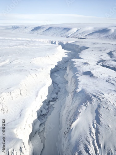 Snowy canyon landscape with frozen river and icy cliffs