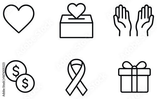 Charity and donation linear icon set. featuring heart, box, hands, coins, ribbon, and gift symbols