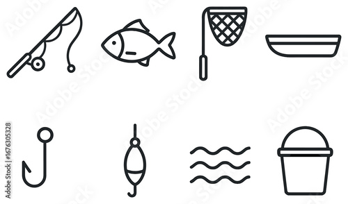 Fishing linear icon set. featuring rod, fish, net, boat, hook, bobber, waves, and bucket symbols