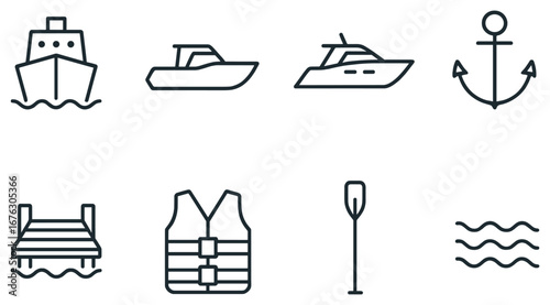 Marine equipment linear icon set. featuring ship, motorboat, sailboat, anchor, dock, life jacket, paddle, waves