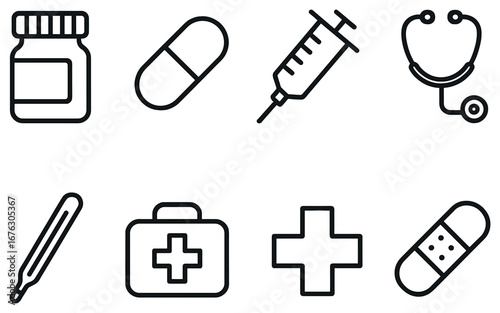 Healthcare linear icon set. featuring medicine, pill, syringe, stethoscope, thermometer, first aid, cross, and bandage