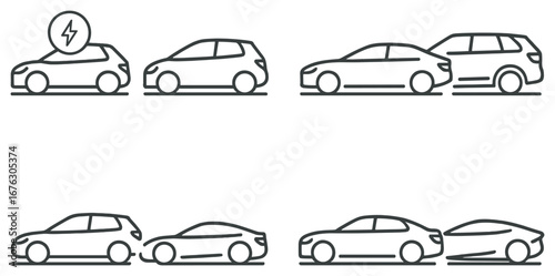 Car collision linear icon set. featuring electric car, compact car, sedan, suv, crash scenes
