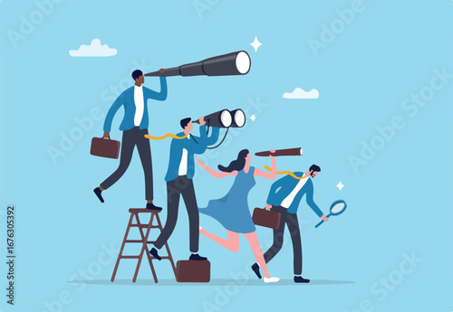 Discover or finding opportunity, searching for new career, job or possibility, finding new job, candidates or insight concept, business people look through spyglass, telescope to see opportunity.