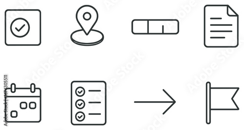 Project management linear icon set. featuring checklist, location, timeline, document, calendar