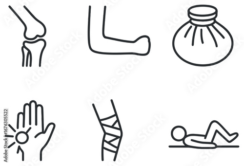 Healthcare linear icon set. featuring joints, elbows, ice packs, pain relief, bandages, physical therapy symbols