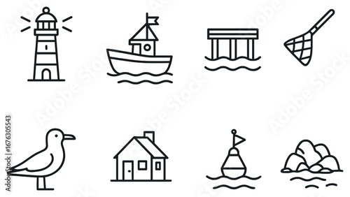 Marine life linear icon set. featuring lighthouse, boat, dock, net, bird, house, buoy, and rocks