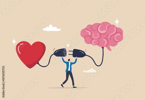Emotional Intelligence, EI or control feeling and emotion with logical thinking brain, empathy or social skill, self control or balance concept, man connect heart feeling with logical thinking brain. 