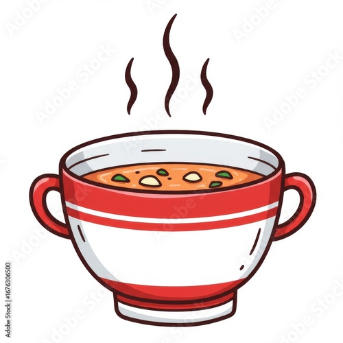 Steaming Bowl of Tomato Soup with Herbs in a White Bowl with Red Stripe Design