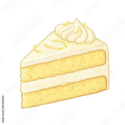 Layered Yellow Lemon Cake Slice with White Frosting and Lemon Zest Decoration on White
