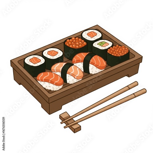 Pixel Art Sushi Assortment with Salmon and Roe on Wooden Tray with Chopsticks