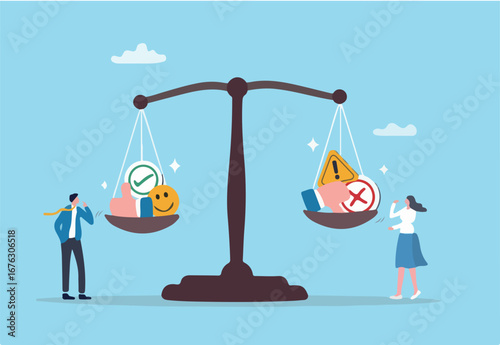 Pros and cons comparison, advantage and disadvantage evaluation, choice decision making, weighing between good or bad reason, assessment concept, pro and con elements on equilibrium balance. 