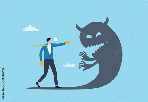 Overcome fear, courage or daring confidence to win business, leader determination, calm or hope to belief in yourself, difficulty concept, courage businessman fighting fear monster inside himself.