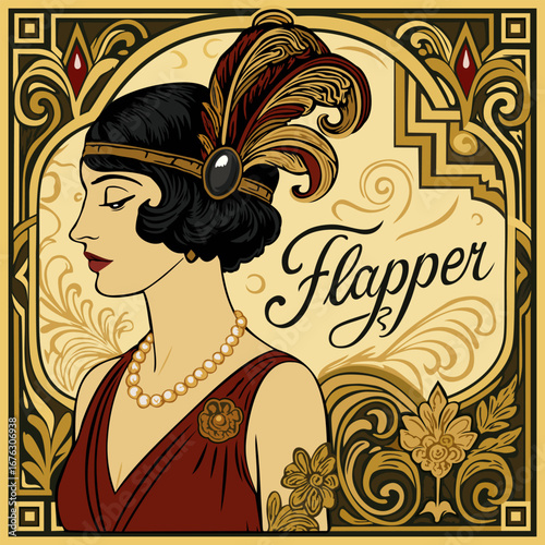 Flapper. Vintage vector poster with young glamorous emancipated woman in art deco style